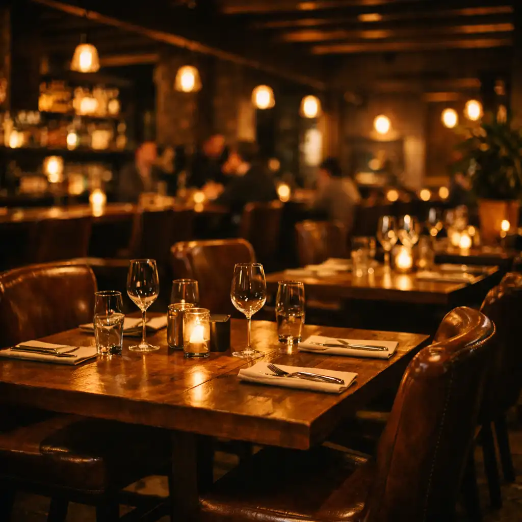 Wnętrze restauracji z drewnianymi stołami i skórzanymi krzesłami