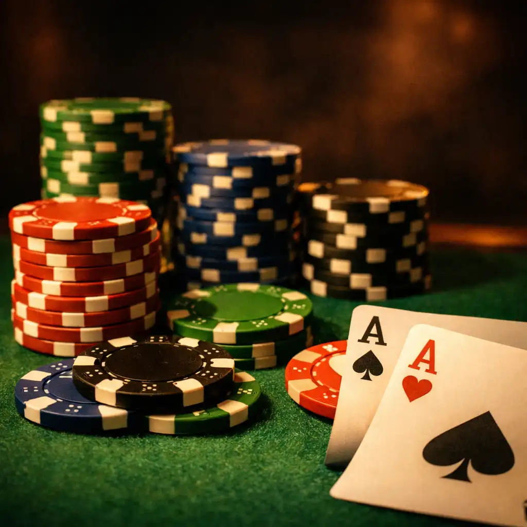 Zbliżenie na żetony pokerowe i karty na zielonym filcu