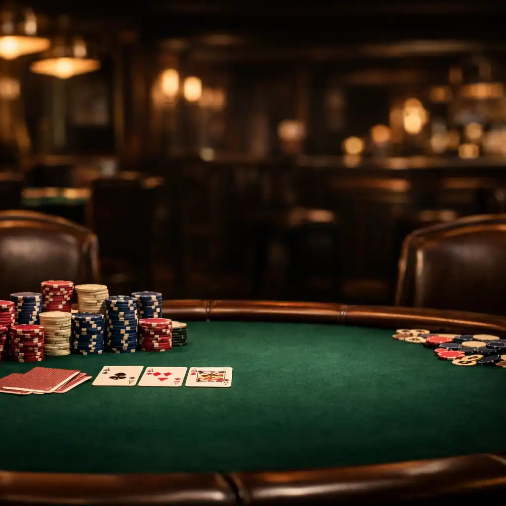 Elegancki stół pokerowy z zielonym filcem i żetonami w klimatycznym card lounge