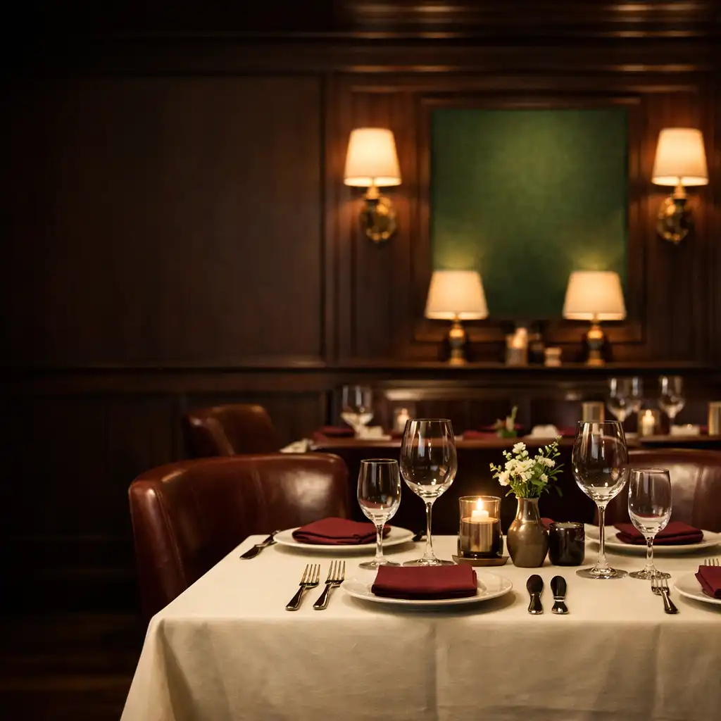 Eleganckie wnętrze restauracji Ogrod Przystole z ciemnym drewnem i skórzanymi fotelami