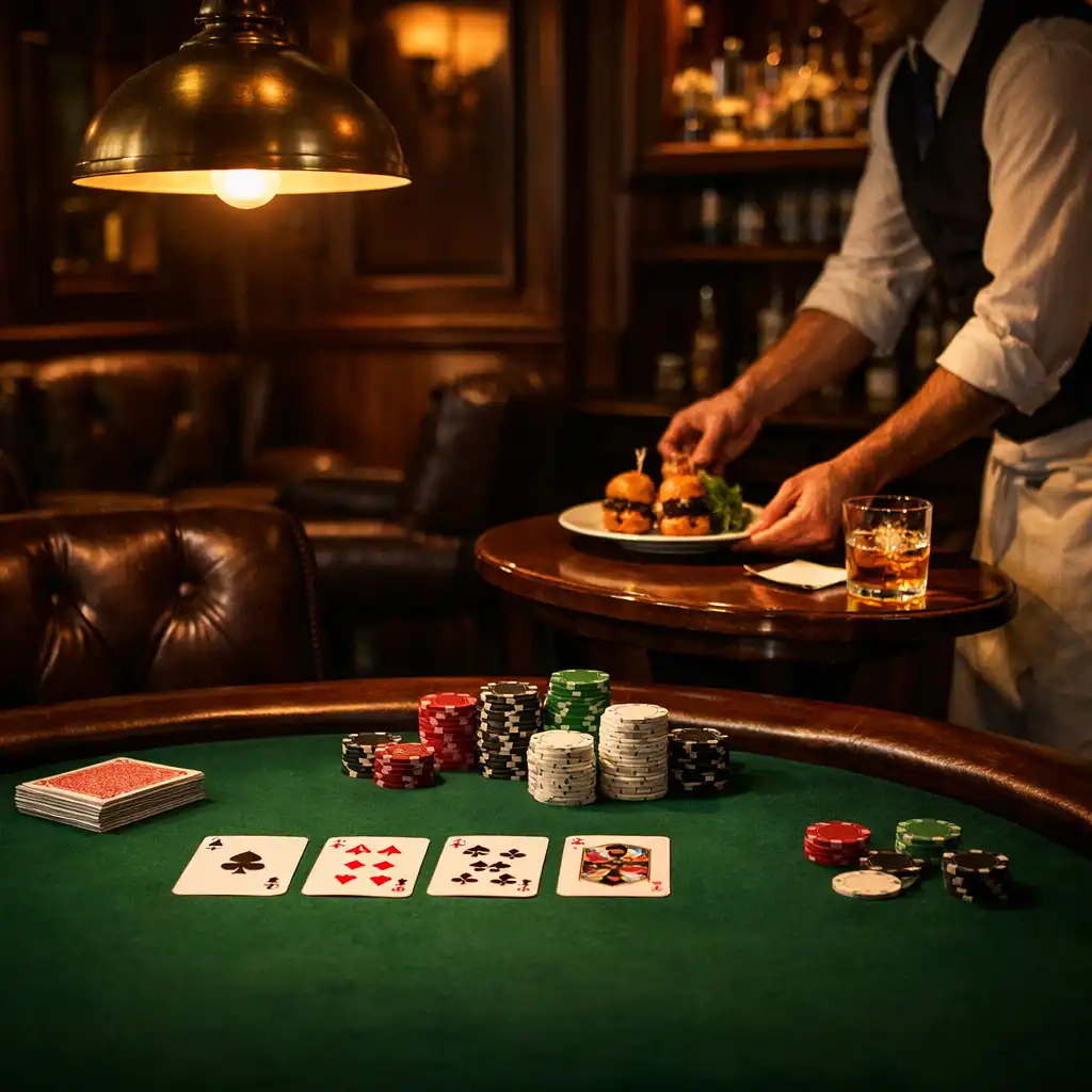Elegancki poker lounge z zielonym stołem, skórzanymi krzesłami i małym talerzem jedzenia na bocznym stoliku