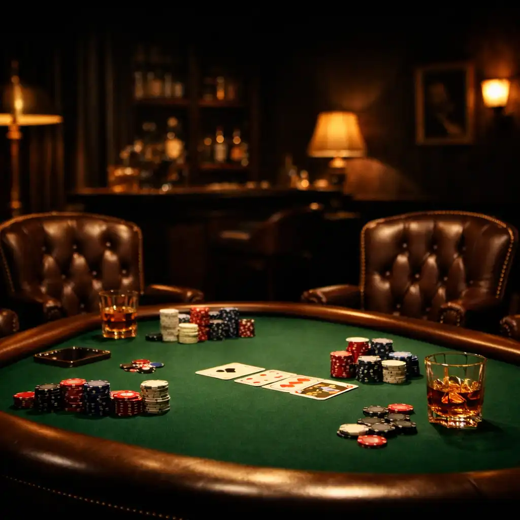 Elegancki poker lounge z zielonym filcem, skórzanymi krzesłami i żetonami