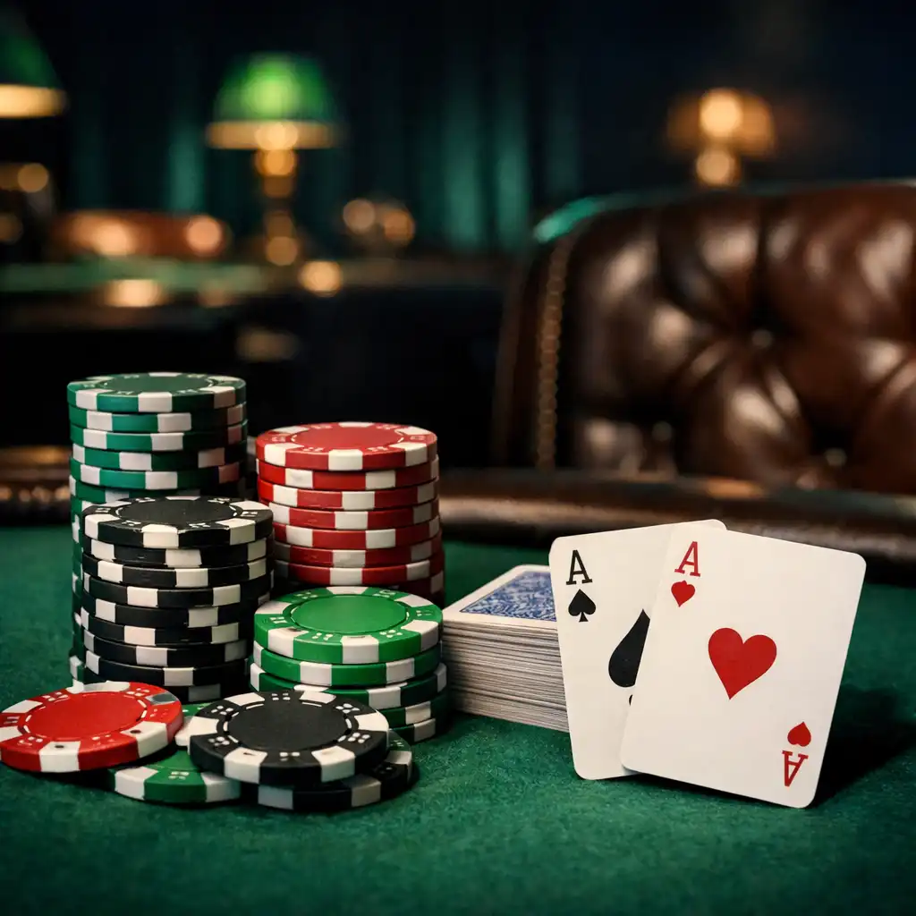 Prywatny wieczór pokerowy w Ogrodzie Przystole z żetonami i kartami na zielonym suknie
