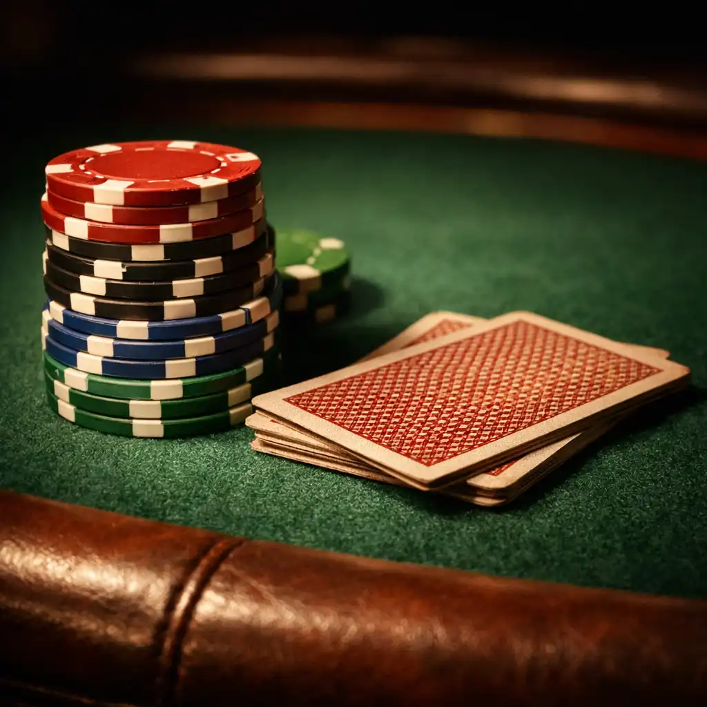 Zbliżenie na stół pokerowy z zielonym suknem, żetonami i kartami