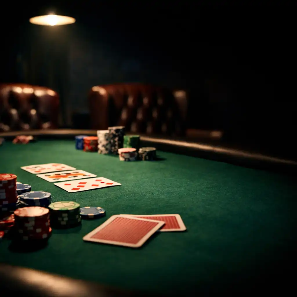 Stół pokerowy z zielonym filcem, żetonami i kartami w nastrojowym oświetleniu