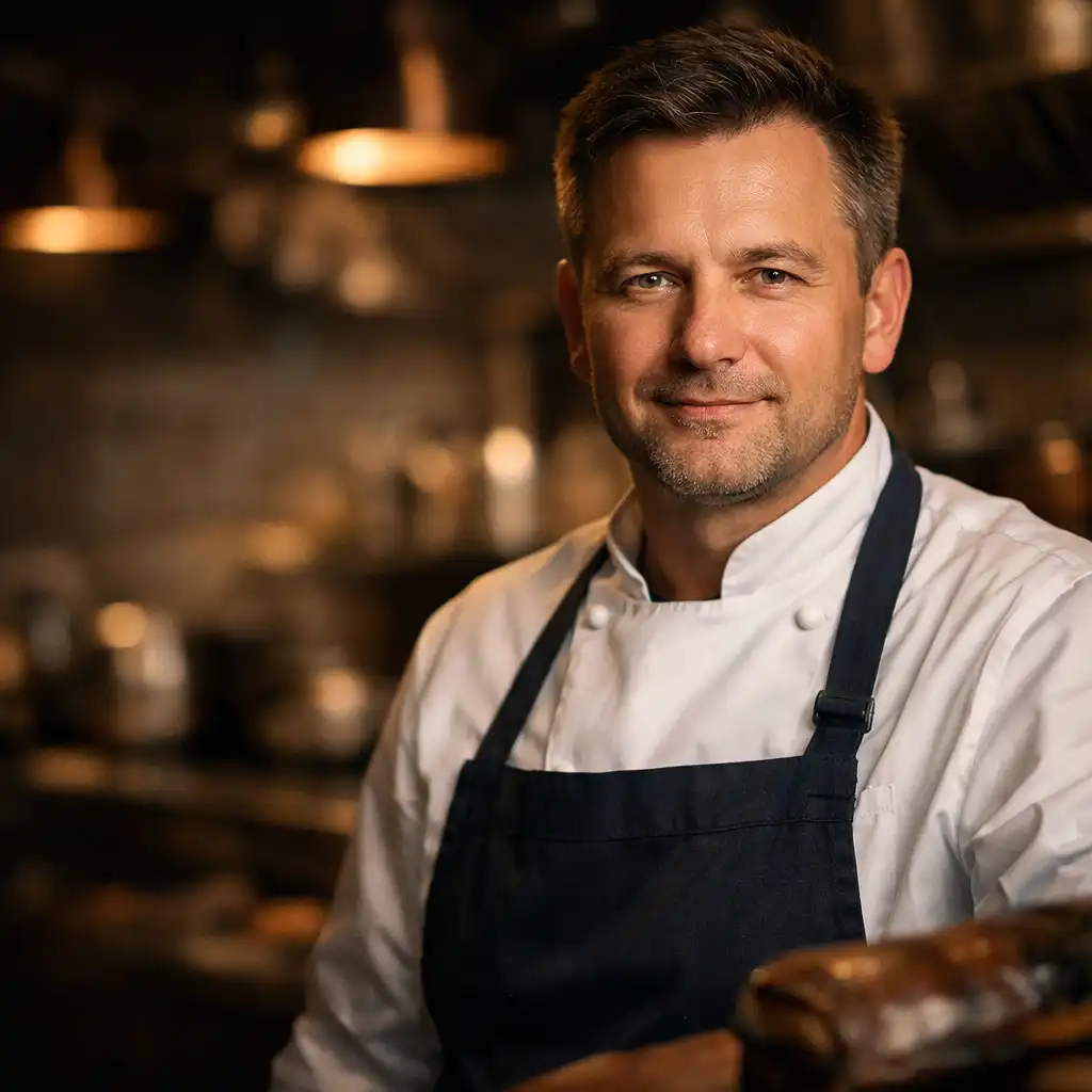 Michał Zieliński, szef kuchni Ogrod Przystole, w ciepło oświetlonej restauracyjnej kuchni
