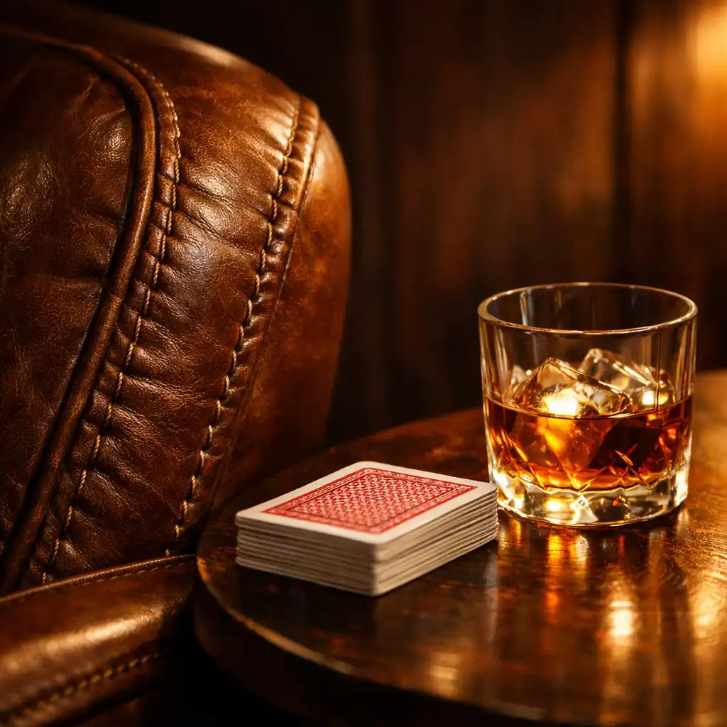 Detal wnętrza: skórzany fotel, stolik z talią kart i kieliszkiem whisky