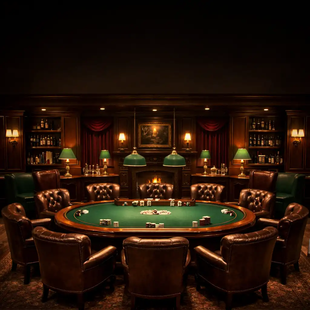 Eleganckie wnętrze klubu Ogrod Przystole ze skórzanymi fotelami i stołem pokerowym