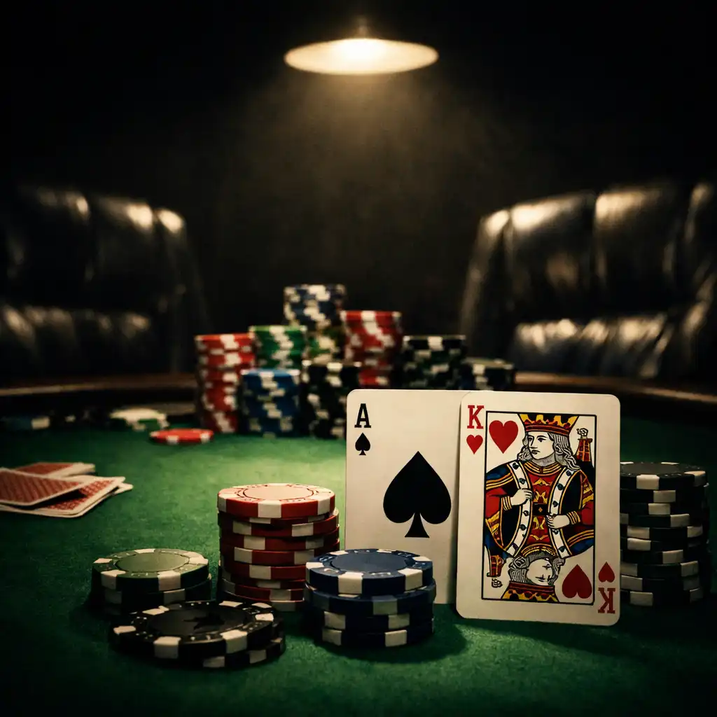 Stół pokerowy z zielonym suknem, kartami i żetonami w ciemnym klimacie