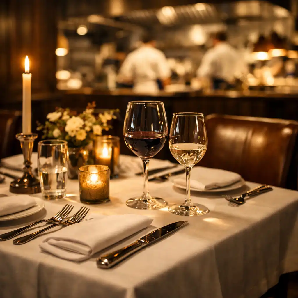 Stolik w restauracji z białym obrusem, kieliszkami i ciepłym światłem świec